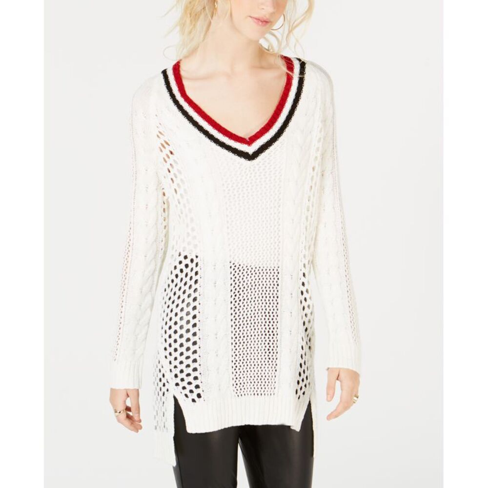 Ultra Flirt By Ikeddi Juniors Pointelle Varsity Tunic Sweater